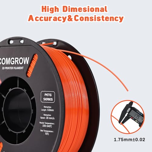 Image of Comgrow PETG 3D Printer Filament 1.75mm, High Precision and Tough 3D Printer Filament 1kg (2.2LBS), Dimensional Accuracy + /- 0.02 mm, Fit Most 3D Printers Orange