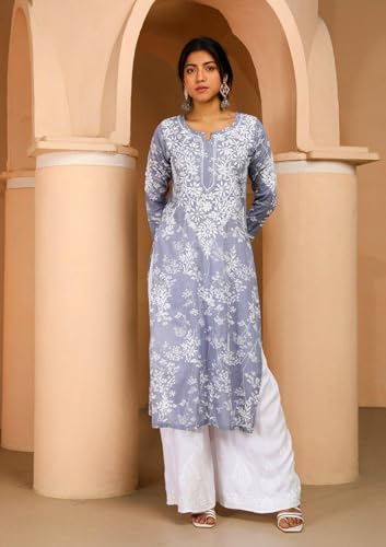 Image of GoSriKi Cotton Blend Embroidered Straight Kurta for Women | Cotton Blend Pink | 3 /4 Sleeve | Round Neck V-Slit | Ethnic Wear Casual Wear