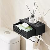 Toilet Paper Holder with Shelf, Toilet Paper Roll Holder with Storage, Adhesive/Screw Wall Mount Paper Holder, Wipes Dispenser for Bathroom, Upgrade Wooden Drawer Design Toilet Tissue Holder(Black)