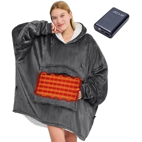 CYMULA Heated Blanket Electric Hoodie - Oversized Wearable Blanket Hoodie Portable Heated Hoodie Cordless Heating Hoodie Blankets Gifts for Women Men with Battery Operated, Grey Cover