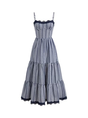 CIDER Cotton Gingham Lace Trim Tiered Shirred Sleeveless Maxi A Line Dress Blue