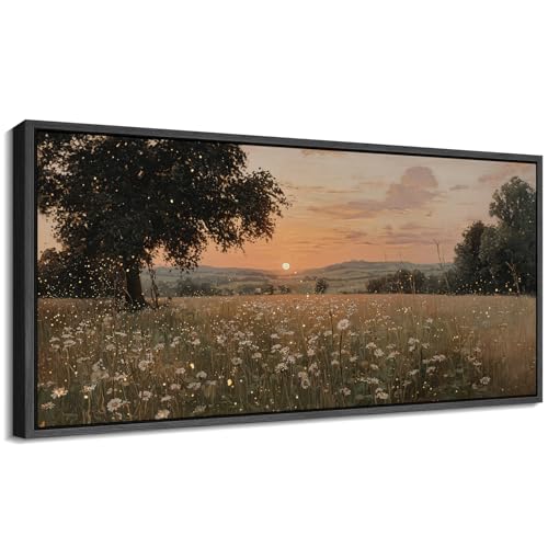 Image of MUDECOR Extra Large Framed Canvas Print Wall Art Golden Sunset Meadow with Wildflowers Warm Landscape Antique Retro Ready to Hang Painting for Living Room Bedroom Multi-Sizes - 60 inchx30 inch