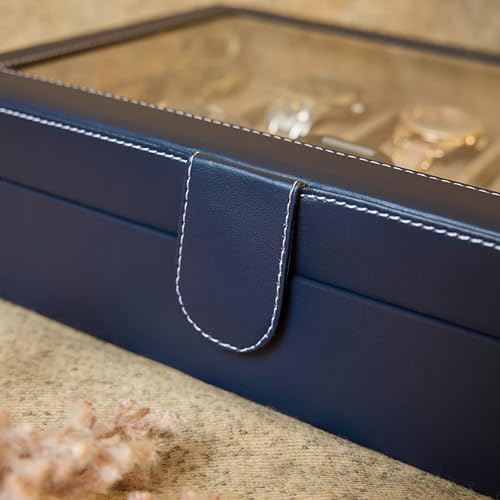 Image of Leather World Faux Leather Watch Box Organizer For Men & Women - Wrist Watch Box Holder 10 Slots - Removable Pillows Display Case - Gift for Loved Ones - Blue