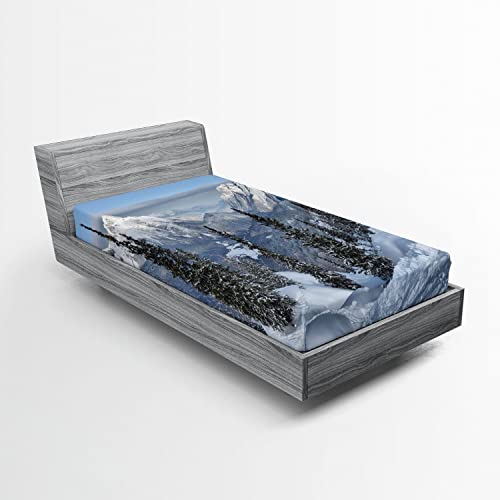 Ambesonne Winter 2 Pack Fitted Sheet, Woodland Snowy Mountain, Bed Cover All-Round Elastic Deep Pockets 2 Pieces, Package Contains 2 Twin Size Fitted Sheets, Green White