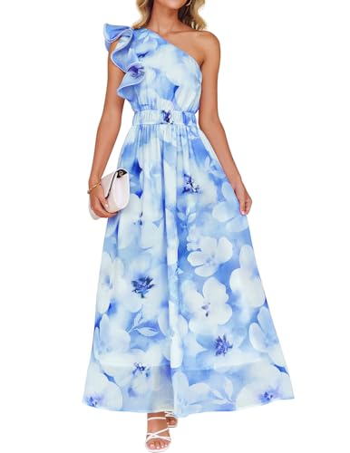 Image of ZESICA Women's 2026 Summer Floral Sleeveless Maxi Dress | One Shoulder, Sleeveless, Ruffle, High Waist, Beach Wedding Guest, Vacation, Graduation, Bridal Shower, Boho Long Dresses