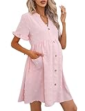 KOJOOIN Maternity Swiss Dot Dress Summer V Neck Short Sleeve Button Down Mini Dress Baby Shower Photoshoot with Pockets Pink L