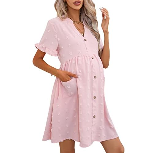 KOJOOIN Maternity Swiss Dot Dress Summer V Neck Short Sleeve Button Down Mini Dress Baby Shower Photoshoot with Pockets, Small, Pink