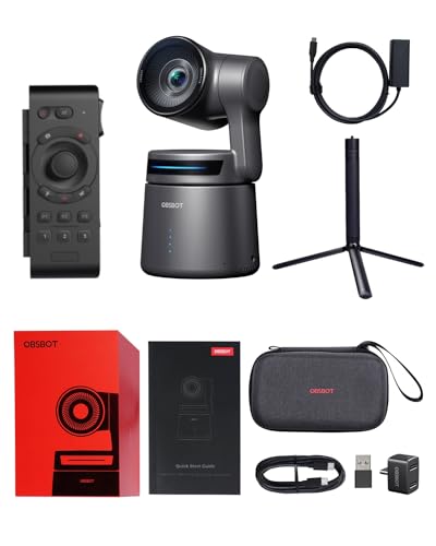 Image of OBSBOT Tail Air & Tripod & Remote & Ehternet Adapter Combo, AI Tracking PTZ Camera with APP, Gesture Control, HDMI/USB-C/Wireless Webcam, Video Camera Live Streaming for Church, Worship, Sports.