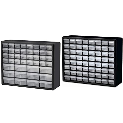 Akro-Mils 44 Drawer 10144, Plastic Parts Storage Hardware and Craft Cabinet, Black (1-Pack) & 10164 64 Drawer Plastic Parts Storage Hardware and Craft Cabinet, 20