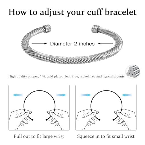 Cable Bracelets for Women - Two Tone Twisted Wire Cuff Bangle Set Trendy Jewelry Gifts for Women4