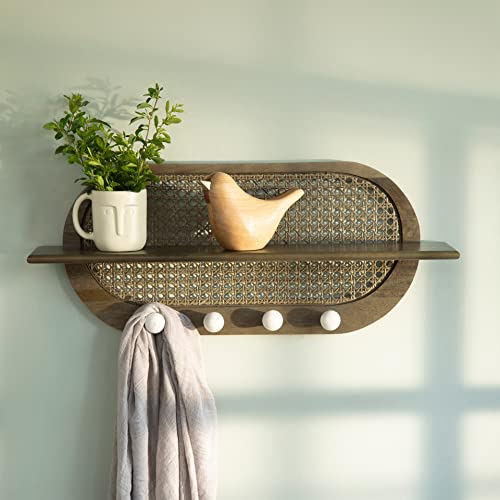 Image of Ellementry Lusha Wooden Cane Wall Shelf | Color: Grey Brown | Mango Wood | Furniture | Versatile | Decor | Handcrafted | Sustainable | Form and Function | Gifting |