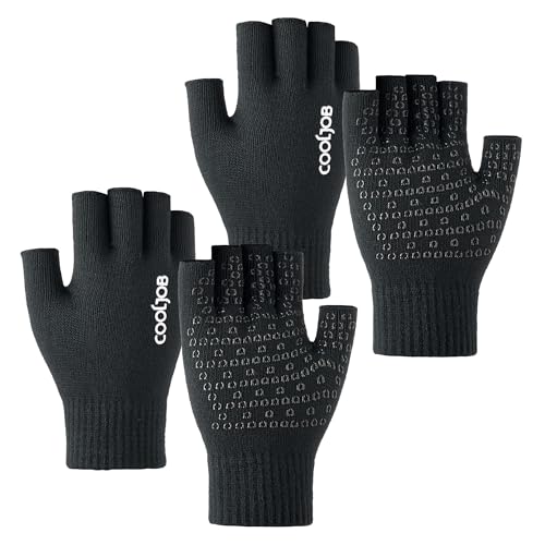 COOLJOB 2 Paar Fingerlose Handschuhe Herren Damen, Warme Ohne Finger Strickhandschuhe, Rutschfeste Handschuhe für Arbeiten im Haus und Sport im Freien (Schwarz, Größe L)
