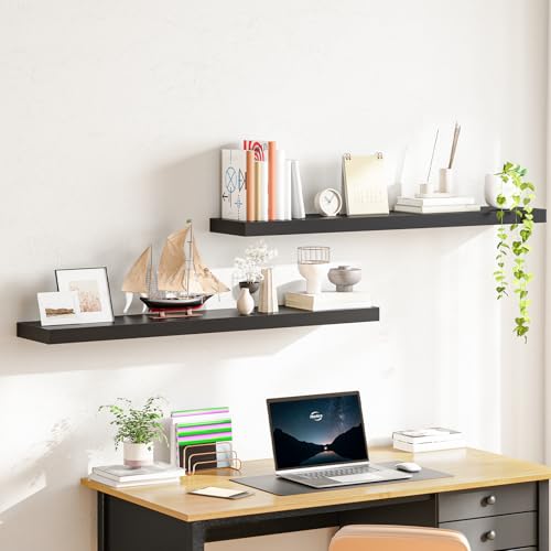 Image of HOOBRO Floating Shelves for Wall, Wall Mounted Shelf Set of 2, 47.2 inch Hanging Shelf with Invisible Brackets, for Wall Decor Storage in Bathroom Bedroom Kitchen Living Room Office, Black BK120BJP201