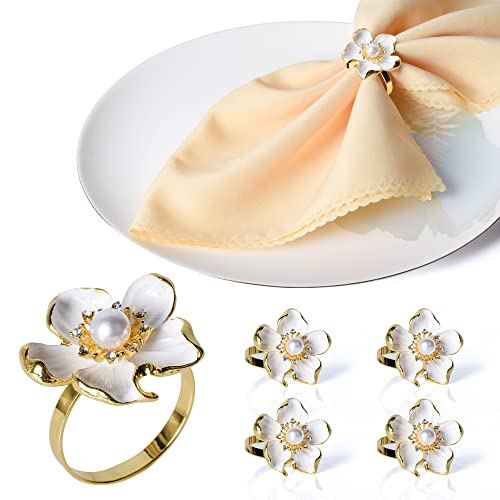 Small snail 6 Stück Blume Serviettenring Schnalle, Metall Serviettenringe Verzierung mit Perle Strass für Hochzeit Bankett Party Geburtstag Tischdekoration, Weiß Cover