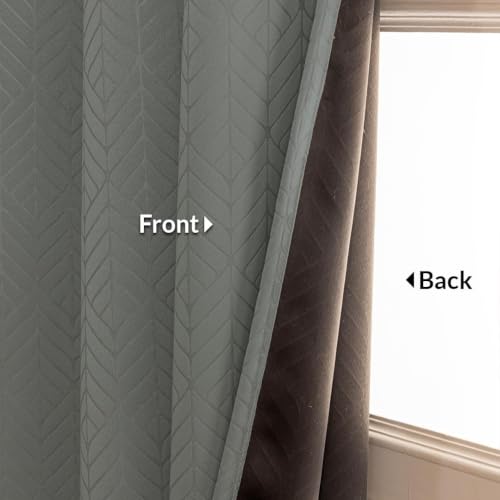 Image of LINENWALAS 100% True Blackout Door Curtains 7 Feet Long Set of 2 | Embossed Herringbone Leaf Design |Room Darkening Curtain | Thermal Insulated Curtains for Living Room, Bedroom (7 Feet, Grey)