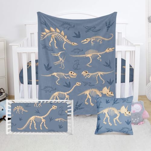 Image of TNYKER 3Pc Dinosaur Bedding Set, Includes Crib Sheet, Blanket, Pillow Cover, Soft Breathable Polyester for Baby Boys and Girls