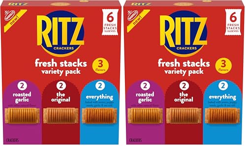 Image of RITZ Fresh Stacks Original, Everything, and Garlic Butter Crackers Variety Pack, Travel Snacks, 8.85 oz (6 Multi Snack Packs) (Pack of 2)
