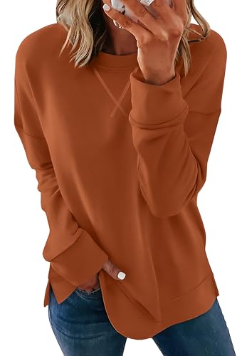 Saloogoe Womens Casual Loose Fit Sweatshirt Trendy Tops Crewneck Side Split Long Sleeve Shirts
