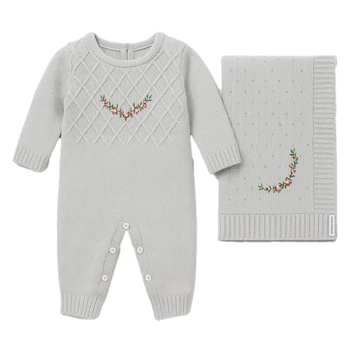 Saída de Maternidade Tricô Cinza Bordado Floral com Manta – Recém-Nascido 0 a 3 Meses