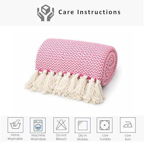 Image of Chevron 60x50 Inch Reversible Cotton Throw Blanket with Tassels| Blanket for Living Room, Sofa, Bed, Chair, Picnic & Used for Gift | Pink Narrow Chevron, Size 150x125 cm