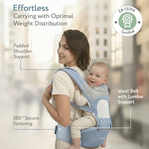 Image of Bonfino Admire 5-in-1 Hipseat Baby Carrier|Ergonomic Baby Carry Bag, Adjustable Strap & Breathable Fabric|Baby Carrier with Stylish Belt| Baby Holder for 5-18 Month Babies,15 Kg Capacity - Blue