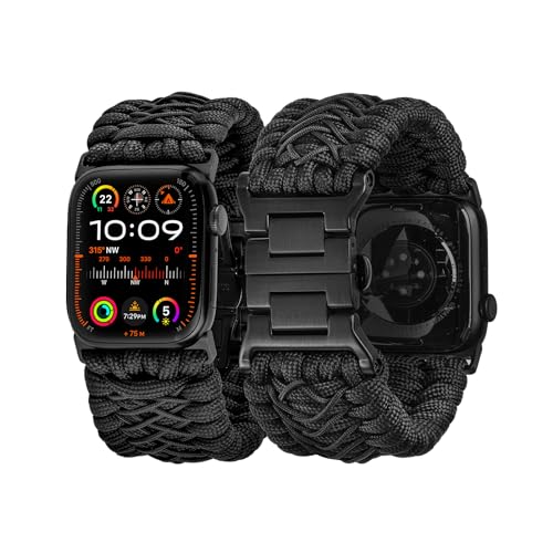 Tefeca Titan Series Paracord Band Compatible with Apple Watch 49mm 45mm 44mm 42mm, Ultra/Ultra2 Series 9/8/SE2/7/6/SE/5/4/3/2/1 (Black,M/L for 49/45/44/42mm)