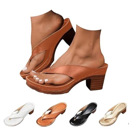 Orthopedic Heels for Women Arch Support Chunky Heel Flip Flops Slip On Open Toe Flip Flops Wedge Sandals for Women (Brown,23.5 c