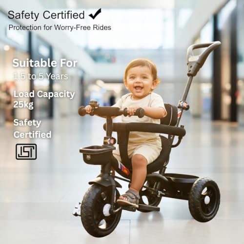 Image of Luusa GT-1 Kids Tricycle with Parental Control Handle, Safety Guard Rail & Cushioned Seat | Plug & Play Baby Trike for Boys & Girls (1 to 4 Years) | Up to 25 kg Load Capacity | Made in India | Black Edition