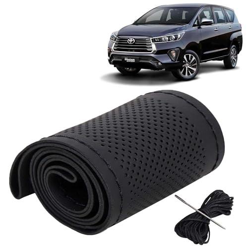 Image of KINGSWAY PU Leatherite Car Steering Cover Sewable Compatible with Toyota Innova Crysta (Year 2021 Onwards), Black Color with Black Thread, Pack of 1 with Sewing Needle and Thread