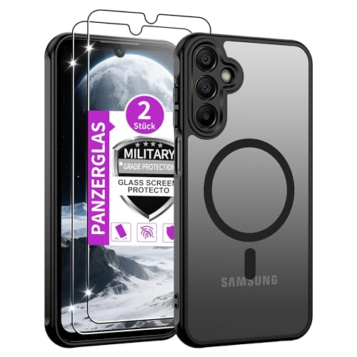 Jshru für Samsung Galaxy A15 4G/5G Hülle mit 2 Stück Panzer Schutz Glas Kompatibel mit Magsafe Dünn Magnetisch Handyhülle Militär Stoßfest Schutzhülle Mattierte Case für Galaxy A15 Schwarz