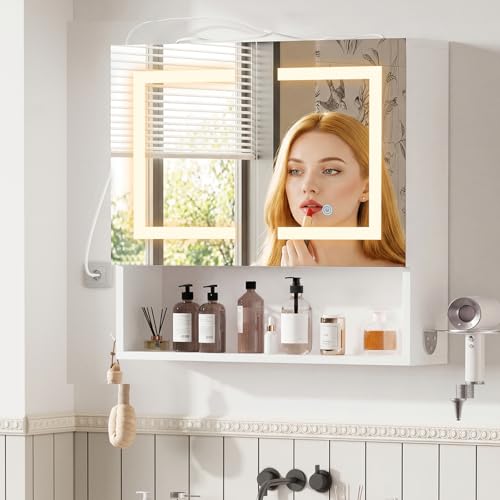 ELUCHANG Spiegelschrank Bad mit Beleuchtung,Verstellbare Ablage Badezimmerschrank mit Spiegel LED, Badschrank mit Haartrockner-Halter und Haken, Wandschrank für Badezimmer,Weiß, 60x60x13 cm (BxHxT)