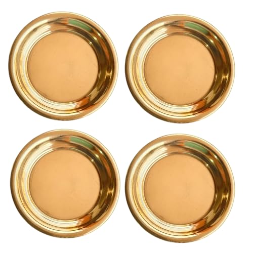 Image of Decorative Brass Plates 3.5 inch, Round Design Best for puja and bhog, Set of 4, Gold