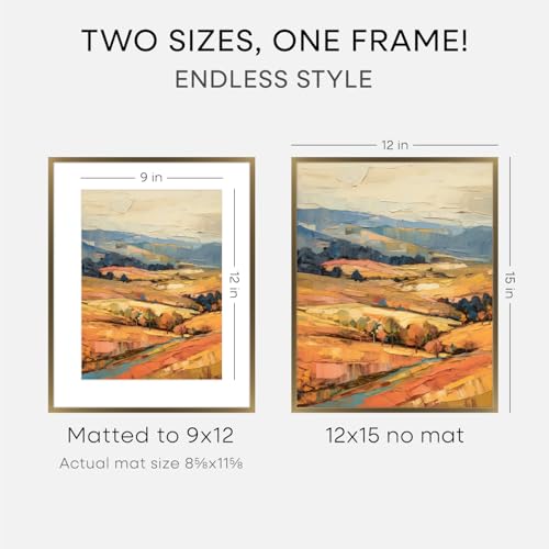 Image of Homeforia 12x15 Picture Frame Bronze, High End Metal 12x15 Brass Poster Frames with Mat 9x12 Photo, 12 x 15 Bronze Frame Matted to 9 by 12 Print, 15by12 Thin Frames, Tempered Glass, Wall Kit, Set of 3