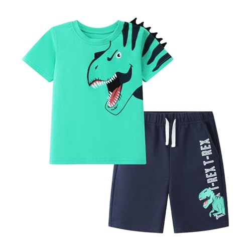 Image of HILEELANG Toddler Boy Summer Short Clothes Sets Cotton Crewneck Tees Shorts Pocket Adjustable Knite Shorts Playwear Sets