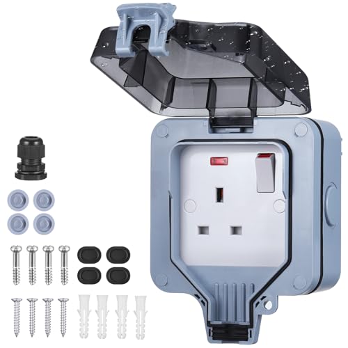JIZZU Outdoor Weatherproof Wall Plug Socket Box IP66 Wall Electrical Outlet with Cover 13A Single Outdoor Sockets Waterproof Sockets Switched Power Socket Box for Garden&External Electrical Outlet