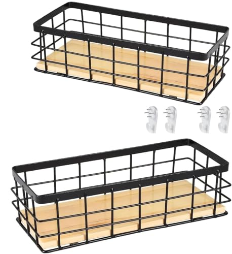 Cesta de alambre, cesta de metal para almacenamiento, cesta decorativa de pared, base de madera extraíble, para baño, cocina, despensa, aperitivos de frutas, color negro (2 unidades)