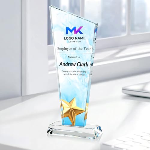 Image of Custom Crystal Trophy Award Personalized Plaque Award with Text Logo Photo Awards Trophies for Employee Recognition Team Graduation Personalized Office Gifts for Boss Coworker Teacher