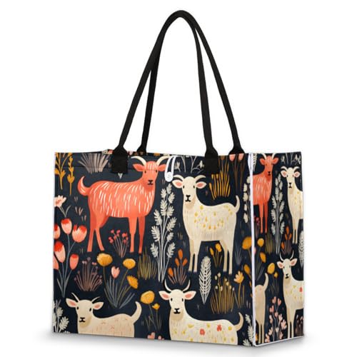 Goats Plant Flowers Tote Bag for Women Large Beach Bag Reusable Tote Bags for Work Travel Beach Shopping