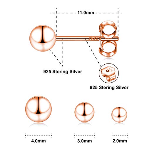 Sterling Silver Ball Stud Earrings Set Of 3 Pairs 2Mm 3Mm 4Mm Tiny Balls Earring Hypoallergenic Jewelry (Rose Gold) #TOP1