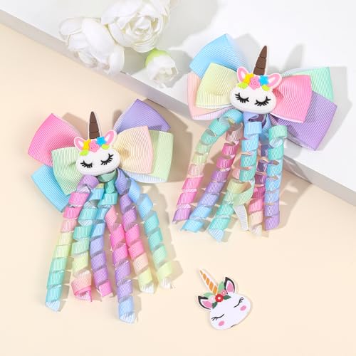 2PCS Hair Bows for Girls, Rainbow Unicorn Grosgrain Hair Accessor...