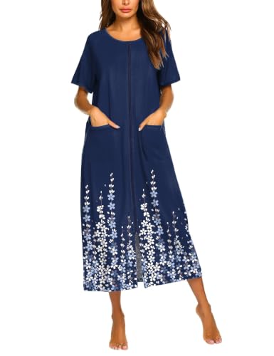 Image of Ekouaer Women Robe Zipper Short Sleeves Full Length House Coat with Pockets
