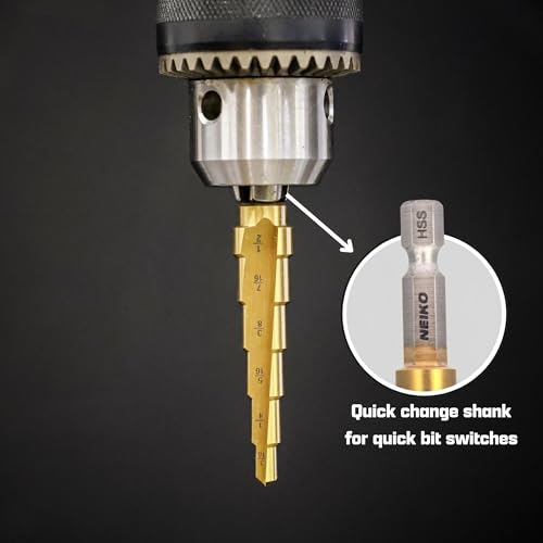 Image of NEIKO 10607A Step Drill Bit, 9 Steps 1 /4 inch to 3 /4 inch Straight High Speed Steel, Titanium Nitride Coated, 1 /4 inch Quick Change Step Bits for Steel, Metal, Wood, Plastic, Unibit Cone Drill Bits, Two Flute