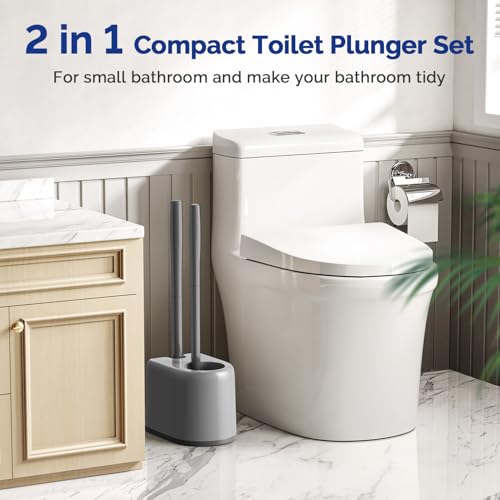 Image of HAMITOR Toilet Plunger and Brush Set for Bathroom Cleaning with Extented Handle - Heavy Duty Toilet Plunger Combo Accessories with Caddy Stand Holder for Small Space - Gray