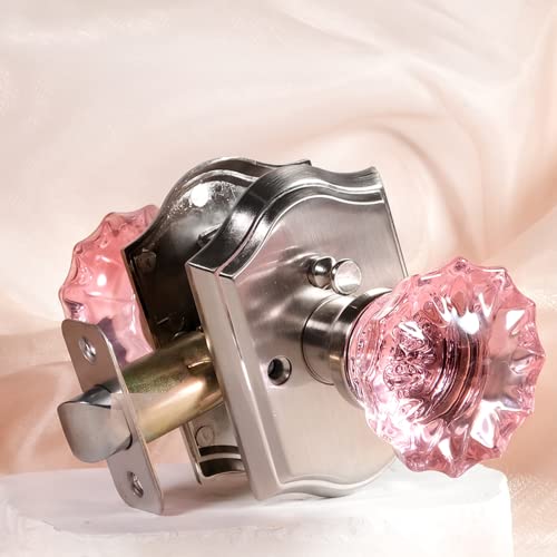 Floresita Crystal Door Knobs, Stain Nickel Pink Glass Door Knobs Interior Rose Shape with Lock Privacy Function, Vintage Antique for Bedroom Bathroom