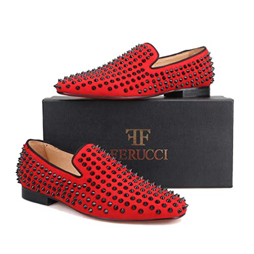 FERUCCI Men Red Velvet Slippers Loafers Flat with Black Spikes Rivets2