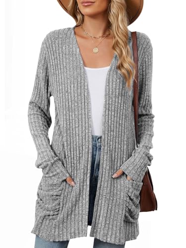 Image of Les umes Womens Open Front Lightweight Knit Cardigans V Neck Loose Long Sleeve Sweaters with Pockets
