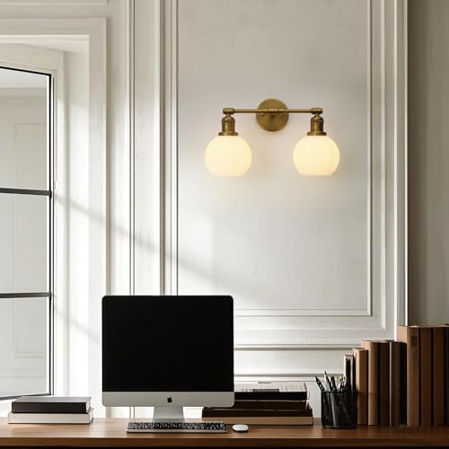 Image of Vintage 2-Lights Wall Sconce with Milk White Glass Globe Shade, Hardwired Indoor Double Arm Wall Light Fixture for Bathroom Vanity Living Room Bedroom