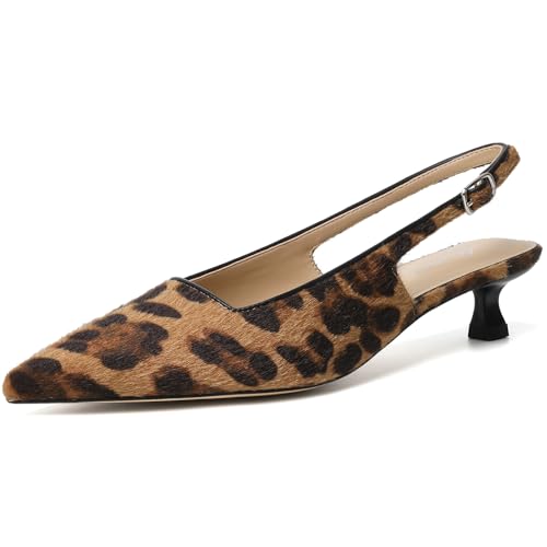 Mostrin Leopard Slingback Kitten Heels for Women Suede Pointed Closed Toe Heels Low Pumps Shoes for Party Work Office Size 7