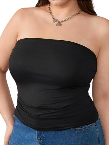 WDIRARA Women's Plus Size Strapless Ruched Crop Tube Tops Summer Slim Fit Sleeveless Bandeau Top Black 2XL