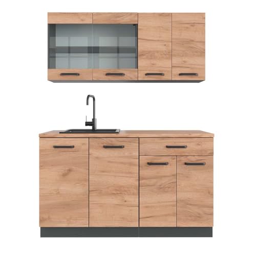 Vicco Küchenzeile R-Line, Goldkraft Eiche, 140 cm, AP Eiche, zur flexiblen Erweiterung mit weiteren Modulen geeignet